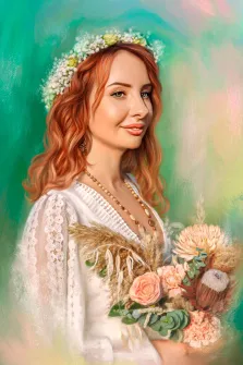 Женский портрет Под масло, рыжеволосая девушка в белом платье с цветочным венком на голове и с букетов цветов в руках, художник Анастасия 