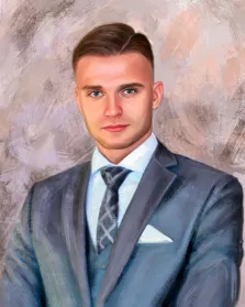 Портрет молодого человека в сером классическом костюме с галстуком, работа стилизована Под масло, художник Александра 