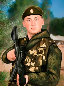 Молодой человек в военной форме и с автоматом, портрет стилизован Под масло, художник Павел 