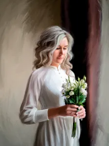 Девушка со светлыми волнистыми волосами, одетая в белое платье, держит в руках букет и смотрит на него, работа обрисована Под масло, художник Александра 