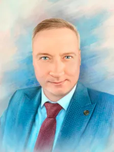 Портрет голубоглазого молодого человека в голубом классическом костюме с белой рубашкой и красным галстуком, портрет стилизован Под масло, художник Анастасия 