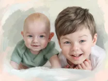 Детский портрет маслом, слева голубоглазый ребёнок в зелёной футболке, справа русоволосый мальчик с голубыми глазами и в белой футболке, художник Софья 