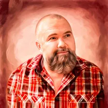 Портрет лысого мужчины с бородой и в красной клетчатой рубашке на нейтральном красном фоне, работа стилизована Под масло, художник Мария 
