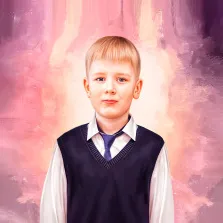 Портрет светловолосого мальчика в белой рубашке с жилеткой написан Под масло, художник Мария 