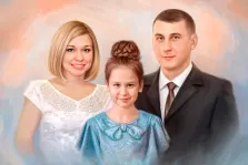 Портрет семьи из трёх человек стилизован Под масло, мужчина, женщина и девочка изображены на светлом фоне, художник Анастасия 