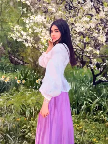 Кареглазая девушка брюнетка в белой блузке и розовой юбке изображена на фоне природы, портрет стилизован Под масло, художник Юлия 