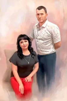 Парный портрет Под масло, кареглазая женщина брюнетка в красной юбке и в чёрной футболке сидит на кресле, рядом стоит в белой узорчатой рубашке с короткими рукавами и в синих брюках, художник Анастасия 