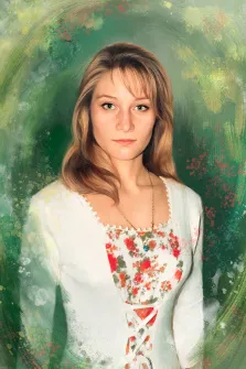 Женский портрет Под масло: русоволосая девушка с зелёными глазами одетая в белое платье изображена на нейтральном зелёном фоне, художник Софья 