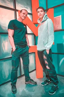 Мужской портрет Под масло, мужчина и молодой человек изображены на абстрактном фоне, художник Юлия 