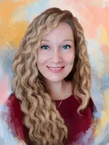 Голубоглазая девушка с длинными кудрявыми волосами, девушка в красном свитере на абстрактном цветном фоне, работы выполнена Под масло, художник Софья 