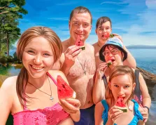 Портрет семьи из пяти человек на берегу озера, вся семья ест арбуз, портрет исполнен Под масло, художник Мария 