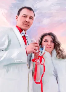 Мужчина в белом классическом костюме с красной рубашкой и белой бабочкой и девушка в белой шубе изображены на нейтральном светлом фоне, пара держит в руках по бокалу с шампанским, портрет стилизован Под масло, художник Юлия 