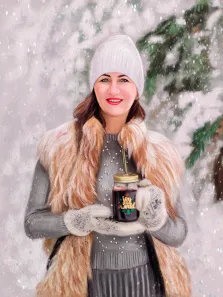 Голубоглазая Женщина в белой шапке, шубе и в белых варежках держит в руках напиток, женщина стоит на фоне заснеженного леса, портрет стилизован Под масло, художник Александра 
