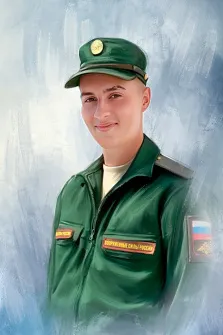 Портрет молодого человека в военной форме на нейтральном светлом фоне, работа исполнена маслом, художник Павел 