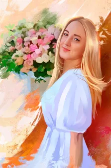 Женский портрет Под масло: кареглазая девушка блондинка в лёгком белом платье изображена на нейтральном нежном фоне с цветами, художник Александра 