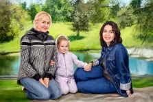 Семейный портрет Под масло, две женщины и девочка сидят на траве на фоне озера, художник Александра 