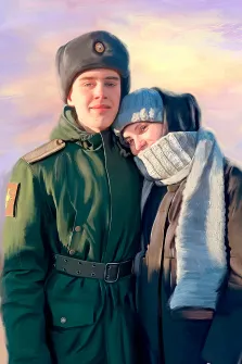 Парный портрет стилизован Под масло, молодой человек в зимней военной форме и девушка в зимней одежде изображены на светлом фоне, художник Юлия 