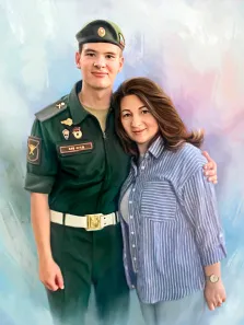 Семейный портрет Под масло: молодой человек в парадной военной форме обнимает за плечо мать в полосатой рубашке, художник Анастасия 