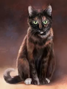 Портрет чёрной кошки с зелёными глазами на нейтральном тёмном фоне выполнен Под масло, художник Антонина