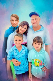 Семейный портрет Под масло из пяти человек: женщина, мужчина в кепке, молодой человек, мальчик и девочка изображены на нейтральном светлом фоне, художник Павел 