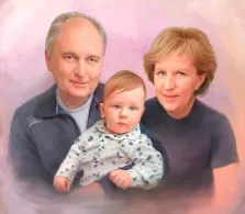 Семейный портрет под масло Под масло, мужчина и женщина держат на руках младенца, семья изображена на нейтральном цветном фоне,  художник Анастасия 