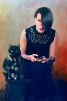 Портрет девушки брюнетки в тёмном платье и с короткой стрижкой, рядом с девушкой сидит чёрный кот, портрет стилизован Под масло, художник Юлия 