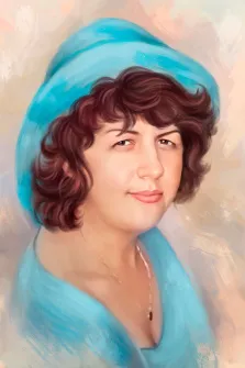 Женский портрет Под масло, кареглазая женщина в светло-бирюзовой шляпе и в светло-бирюзовом платье с ожерельем на шее, художник Анастасия 