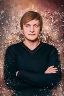 Мужской портрет в стиле дрим арт, русоволосый молодой человек в чёрном свитере на абстрактном коричневом фоне, художник Павел 