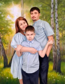 Семейный портрет из трёх человек на фоне леса с берёзами, стилизован Под масло, мальчик и мужчина в голубых классических рубашках и женщина в летнем платье голубого цвета, художник Александра 