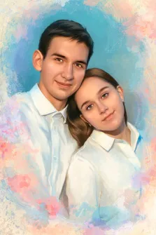 Парный портрет Под масло, молодой человек и девушка в белых рубашках изображены на нейтральном голубом фоне, художник Софья 