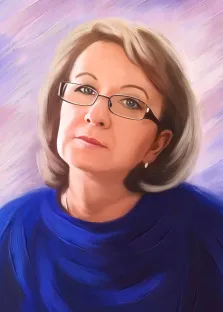 Женский портрет маслом, голубоглазая женщина в очках и в синей кофте, художник Юлия 