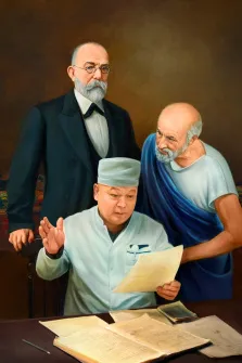 Портрет мужчины в образе врача, позади мужчины стоят известные учёные, художник Антонина