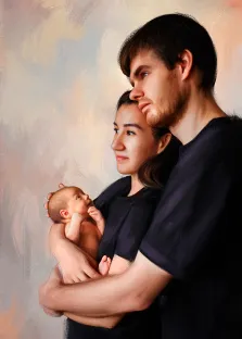 Семейный портрет маслом: молодой человек обнимает девушку которая держит младенца на руках, художник Павел 