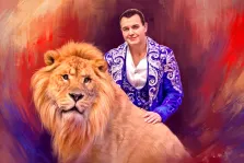 Мужской портрет Под масло, кареглазый мужчина в синем костюме циркового дрессировщика стоит рядом со львом, художник Анастасия 