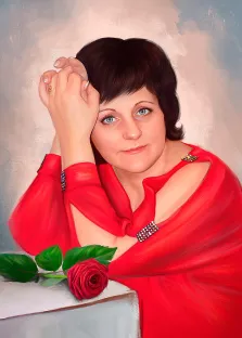 Женский портрет Под масло, голубоглазая женщина с короткой стрижкой и в красной блузке сидит за столом на котором лежит красная роза, художник Павел 