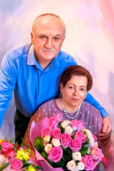 Парный портрет маслом двух пожилых людей, усатый мужчина в синей классической рубашке с расстёгнутой верхней пуговицей и женщина в фиолетовом свитере в белый горошек с большим букетом цветов в руках, художник Александра 