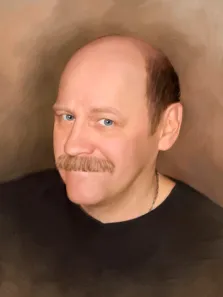 Мужской портрет Маслом, усатый мужчина с голубыми глазами и в чёрном свитере на нейтральном коричневом фоне, художник Анастасия 