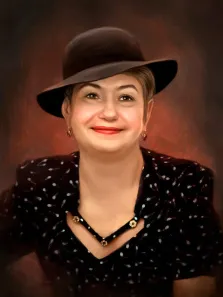 Женский портрет Под масло, кареглазая женщина в тёмном платье и с чёрной шляпой на голове, фон выполнен в тёмных коричневых тонах, художник Анастасия 