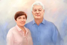 Портрет пожилой пары на нейтральном голубом фоне выполнен в стиле Под масло, художник Анастасия 