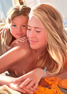 Семейный портрет Под масло, девочка с голубыми глазами и светлыми волосами лежит на спине светловолосой девушки, художник Александра 