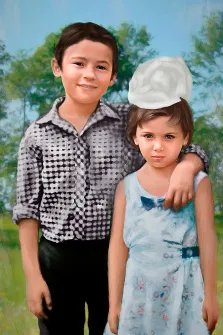 Детский портрет Под масло, мальчик в рубашке и в чёрных брюках обнимает девочку в голубом платье с цветами и с бантом на голове, художник Павел