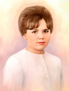 Портрет кареглазой девушки с короткой стрижкой и в белом платье, картина стилизована Под масло, художник Анастасия 