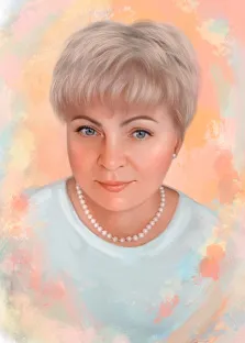 Женский портрет Под масло, голубоглазая женщина с короткой стрижкой на нейтральном светлом фоне, художник Софья 