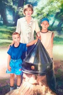 Семейный портрет Под масло: мама с двумя мальчиками в солнечном лесу, художник Антонина