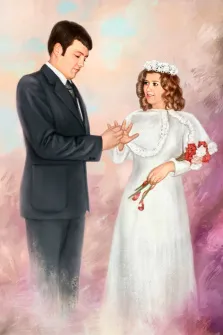 Парный свадебный портрет Под масло: молодой человек в сером классическом с белой рубашкой и галстуком одевает кольцо на палец девушке в белом свадебном платье, художник Анастасия 