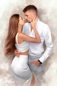Парный портрет исполнен Под масло, молодой человек в белой рубашке и в серых брюках держит за талию девушку в белой юбке и в белом топе, художник Анастасия 