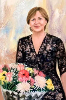 Портрет зеленоглазой женщины на цветном фоне с букетом выполнен Под масло, художник Александра 