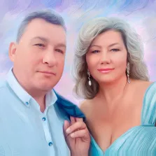 Портрет пары Под масло: мужчина в белой рубашке с расстегнутой верхней пуговицей и светловолосая женщина в платье небесного цвета, художник Юлия 