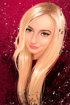 Женский портрет в стиле дрим арт, светловолосая девушка с карими глазами на абстрактном красном фоне с эффектом брызг, художник Александра 