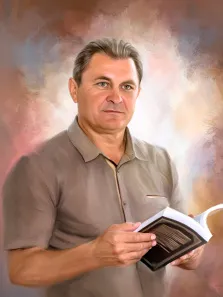 Портрет зеленоглазого мужчины в серой рубашке с книгой в руках, работа написана маслом, художник Лариса